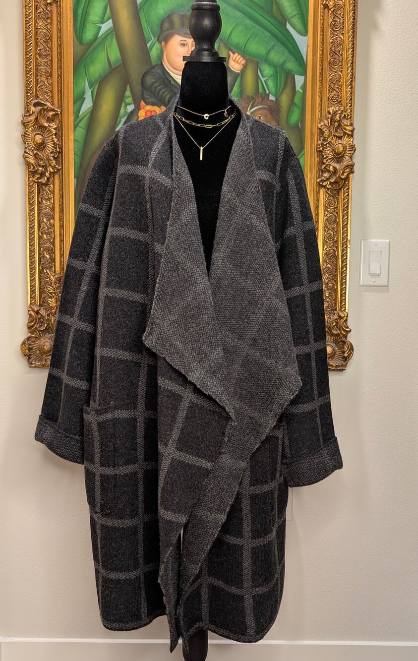 Eileen Fisher Woman Charcoal Grey Grid Plaid 100% Merino Wool Cardigan Coat 1-2X